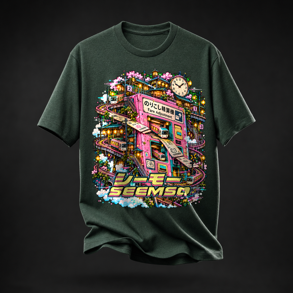 Fare Adjustment tee in Heather Emerald — calibrated product mockup