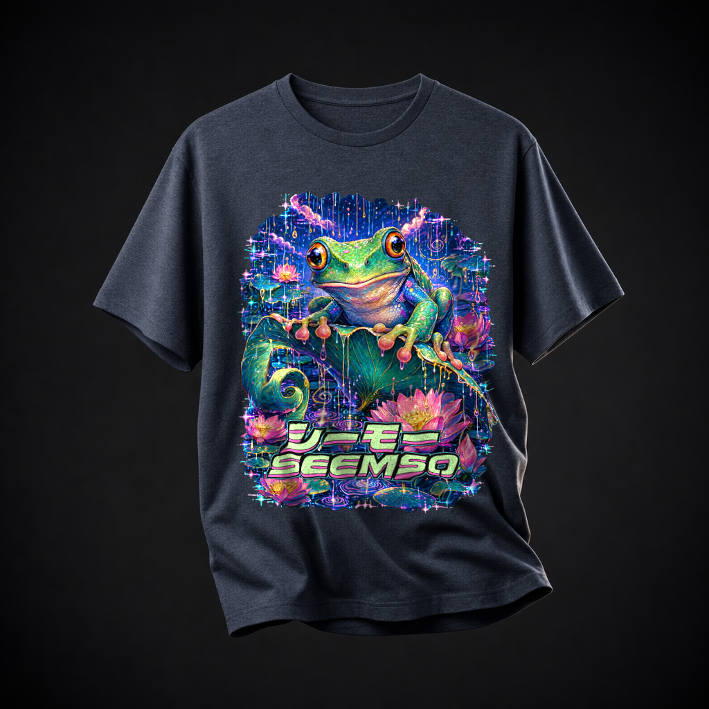 Rain Chorus tee in Heather Navy — calibrated product mockup
