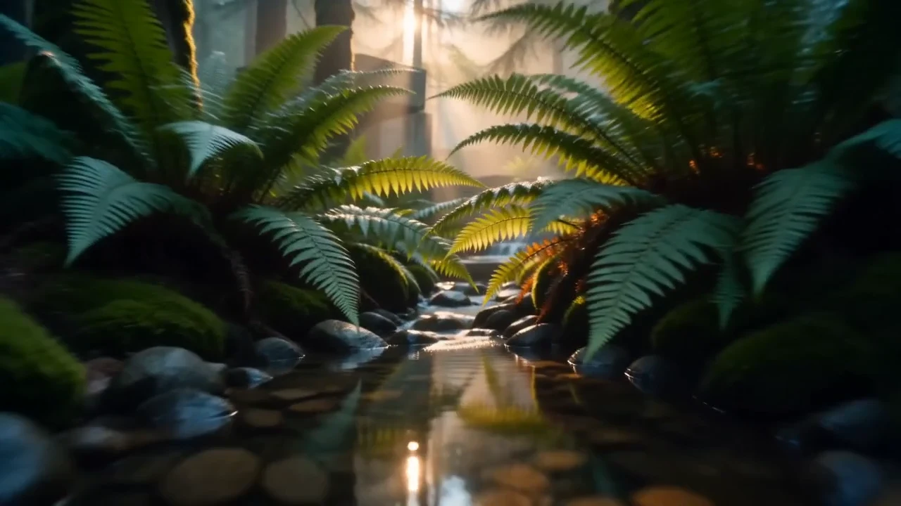 A low tracking shot follows flowing water into a fern-filled forest courtyard