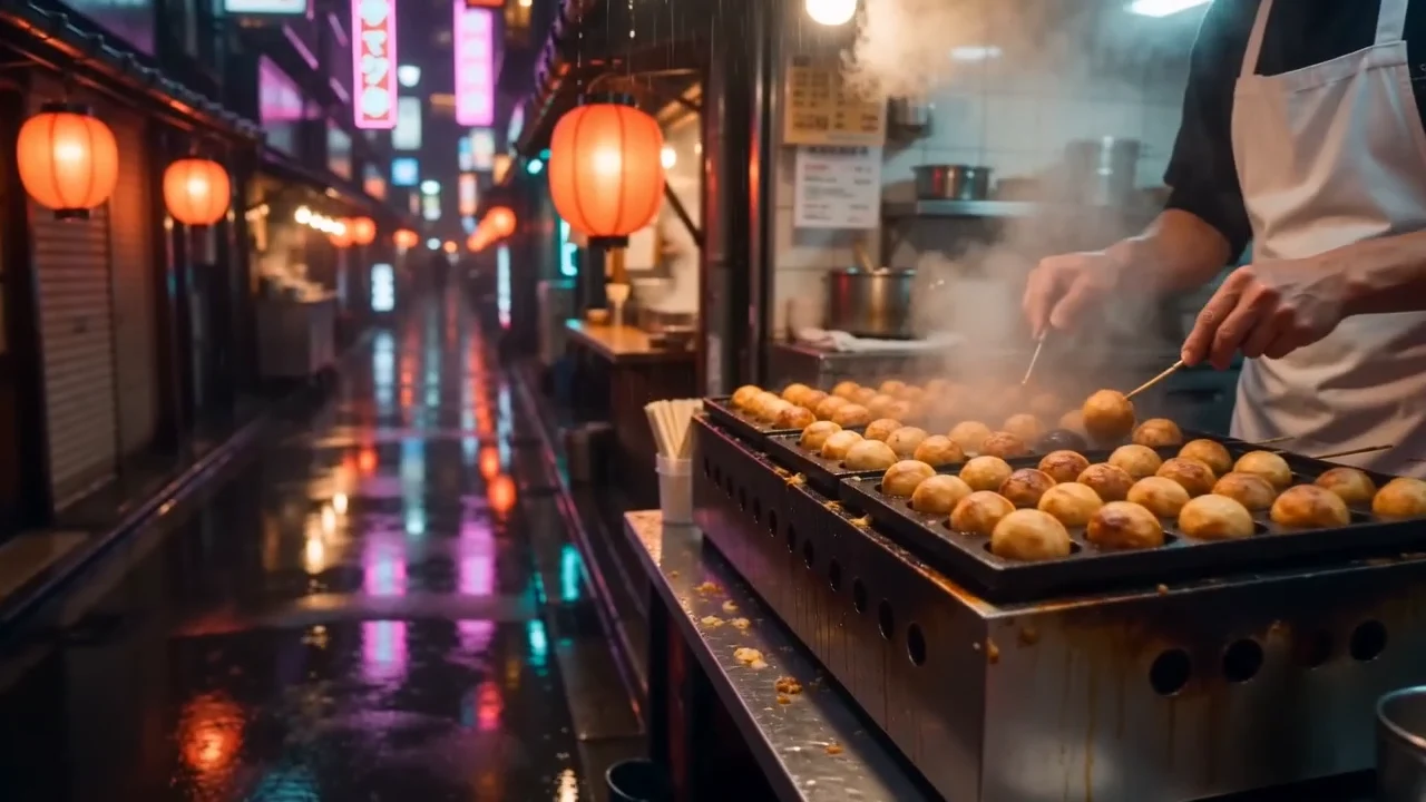 A moving journey past steaming food stalls in a rain-soaked night market