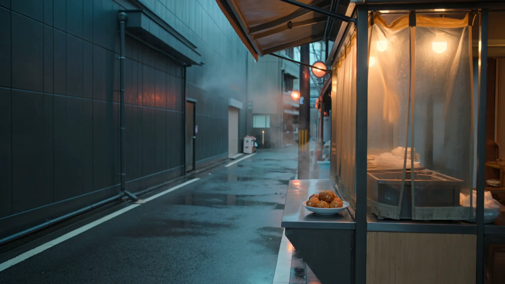Rain and steam at a late-night food stall