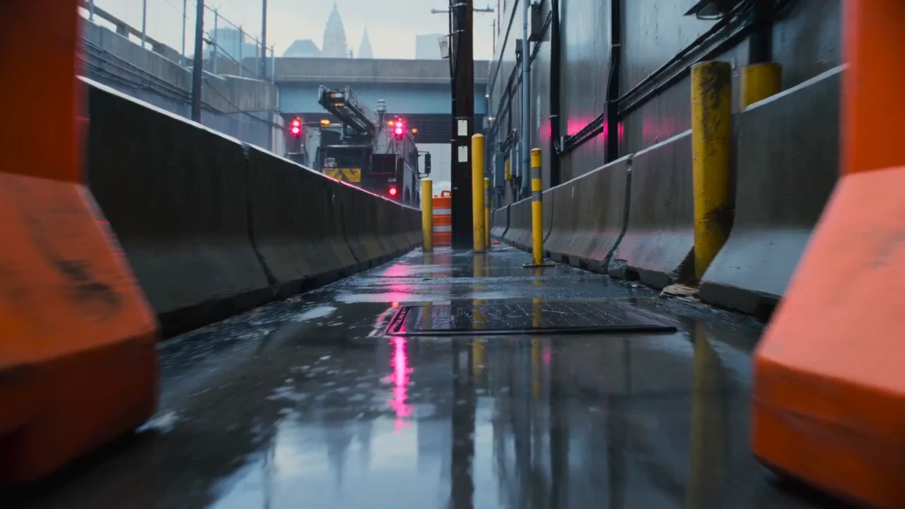 A travelling street-level view of cables, barriers and windblown inspection tags