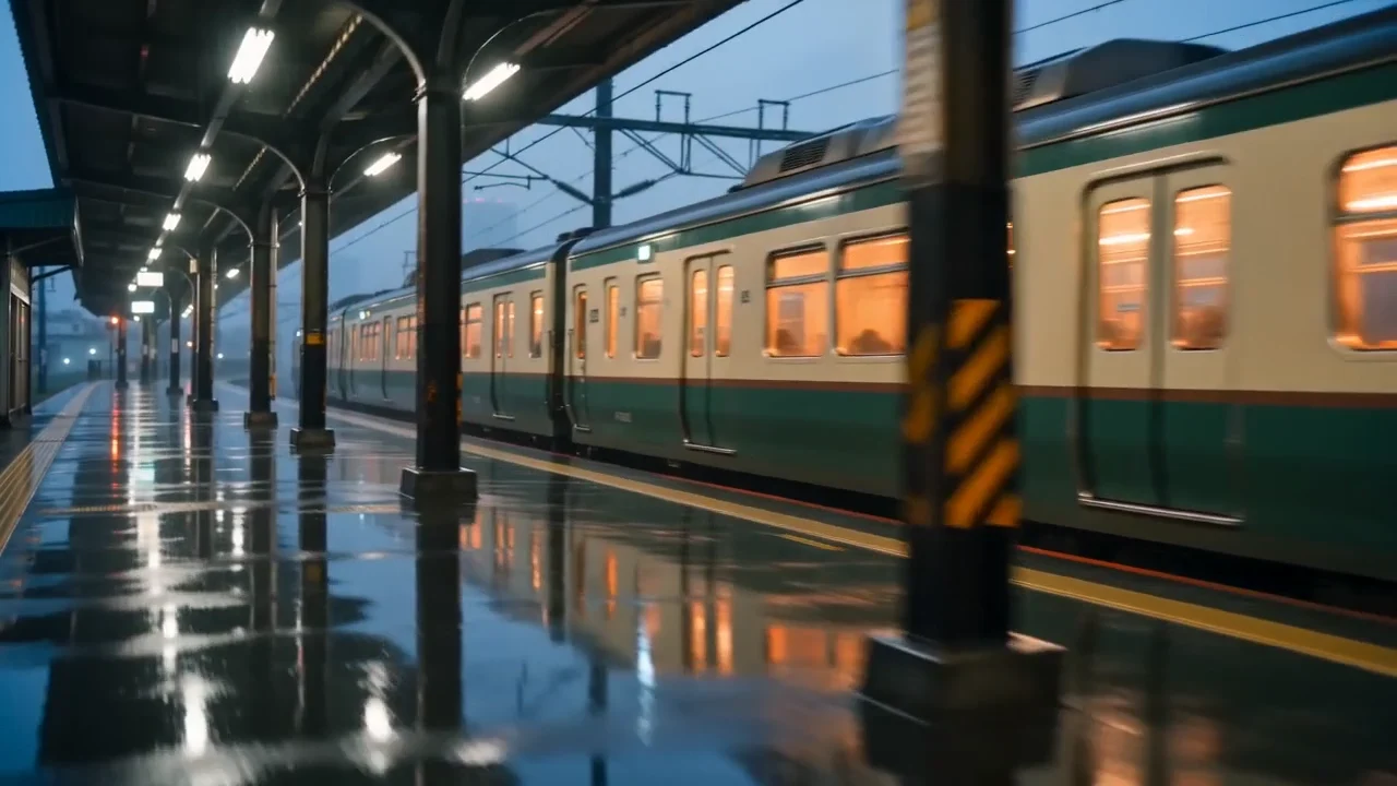 A commuter train pulls through a wet platform as the camera tracks alongside