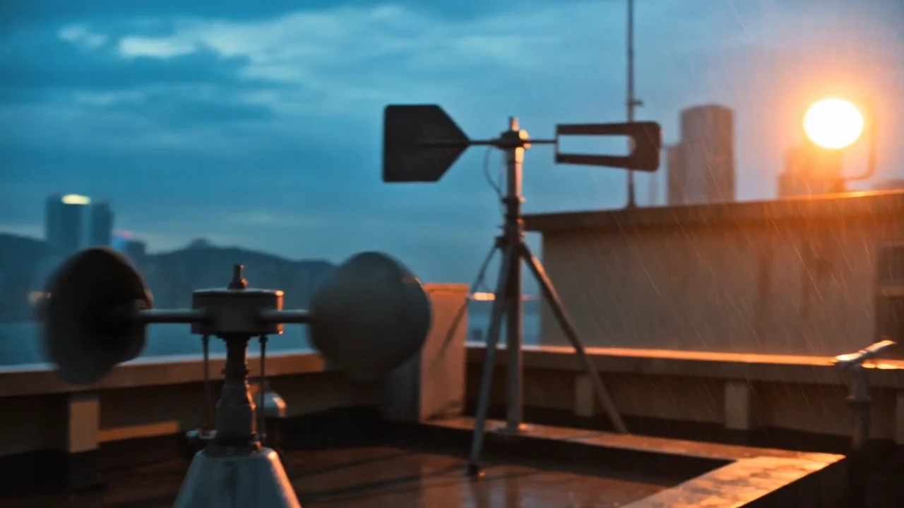 Wind spins rooftop instruments as a storm front advances across the harbour