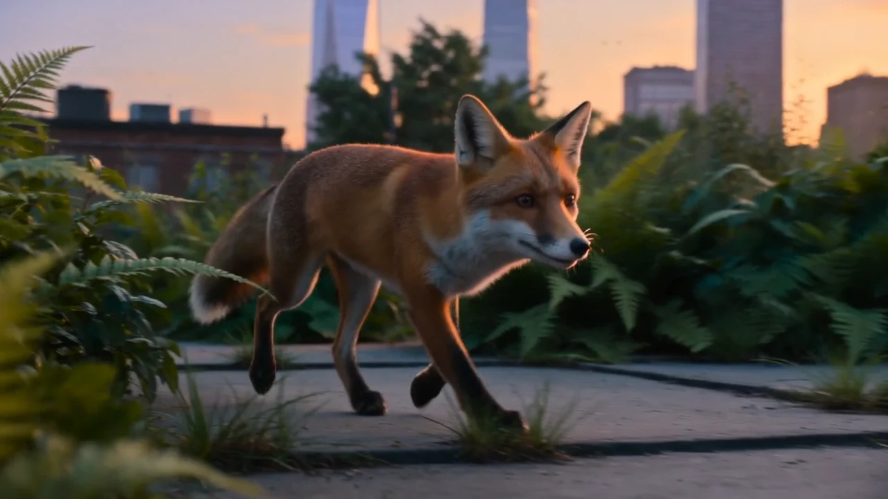 An urban fox trots through a planted service lane as birds lift above the rooftops
